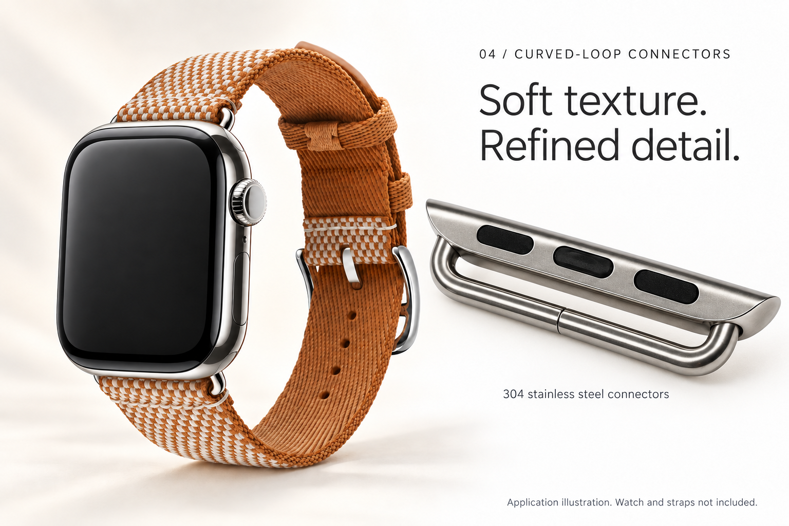 适用于苹果手表的弯管式表带连接器
Curved-loop Band Adapter Compatible with Apple Watch — 应用示意与连接器特写
application illustration and connector close-up