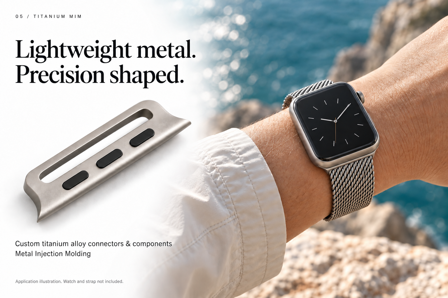 适用于苹果手表的49mm钛合金中粒连接器
Titanium Alloy Slot-loop Adapter Compatible with 49mm Apple Watch — 应用示意与连接器特写
application illustration and connector close-up