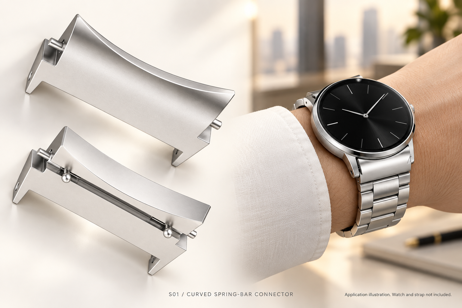 适用于三星watch6生耳款连接器
Spring-bar Connector Compatible with Samsung Watch6 — 应用示意与连接器特写
application illustration and connector close-up